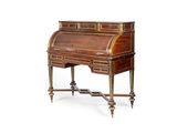 an antique writing desk with a wooden top and two drawers