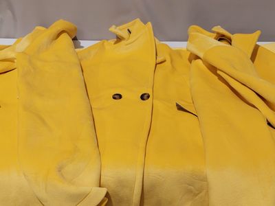 three yellow jackets are lined up on a white surface