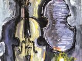 painting of a painting of a violin and a cello on a table