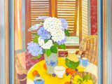 a painting of a table with flowers and fruit on it