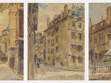 trois tableaux représentant une scène de rue avec des bâtiments et une clôture