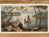 an oil painting of a sailboat on the water near a rocky shore
