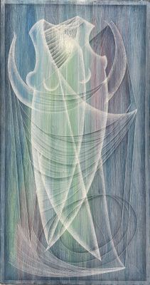 une peinture représentant une peinture d'une femme en robe bleue