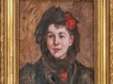 an oil painting of a woman with a red flower in her hair