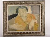 un tableau représentant un homme assis sur un canapé