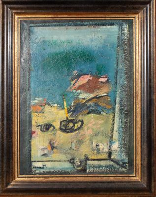 une peinture à l'huile représentant un vase avec des fleurs sur une table