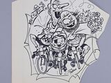 a black and white drawing of a man riding a bike