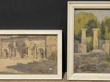 deux tableaux encadrés représentant un bâtiment et un bâtiment à colonnes