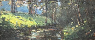 un tableau représentant un ruisseau traversant une zone boisée