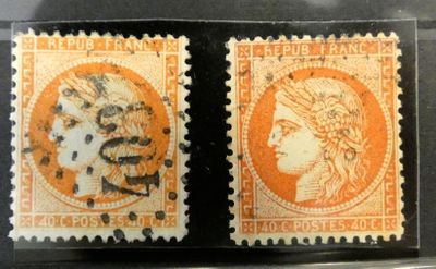 deux timbres orange et noirs représentant une femme et un homme
