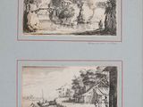 two drawings of a landscape with a man and a woman in a boat