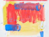 une peinture abstraite composée de rouge, de jaune et de bleu sur fond blanc