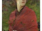 an image of a painting of a woman in a red coat