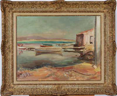 an oil painting of a beach scene with boats and a building