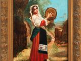 an oil painting of a woman in a red dress holding a jug