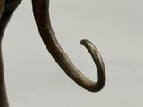 a close up of an elephant ' s head with a curved tail