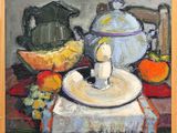 une peinture représentant une théière et une assiette posées sur une table