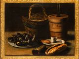 painting of a basket of mussels and a plate of mussels on a table with a basket of mussels and a plate of mussels