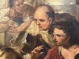 painting of a group of people sitting around a table with a dog