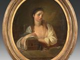 a painting of a woman sitting at a table holding a box