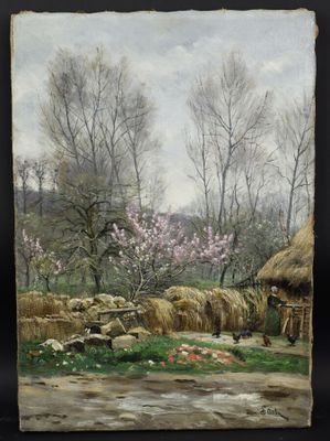 une peinture à l'huile représentant une scène de vie à la ferme, avec du foin et des arbres en arrière-plan