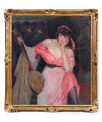painting of a woman in a pink dress holding a guitar