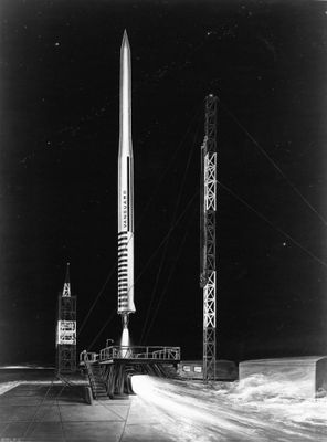 une photo en noir et blanc d'une fusée spatiale posée au sommet d'un immeuble
