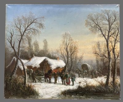 an image of a painting of people and horses in a snowy landscape