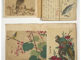 four old chinese paintings of birds and flowers on a white surface