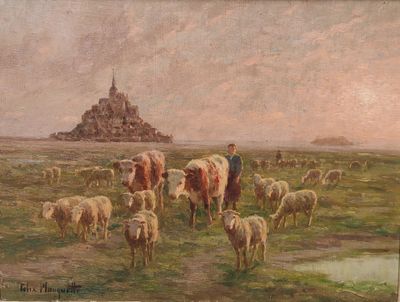 tableau représentant un troupeau de moutons dans un champ, avec un château en arrière-plan