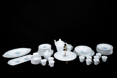 beaucoup d'assiettes et de tasses blanches et bleues sur la table