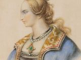 portrait of a woman wearing a crown and a blue dress