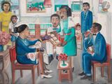 une peinture représentant un groupe de personnes assises autour d'une table