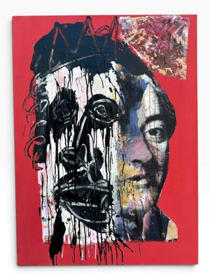 an image of a painting of a man ' s face on a red background