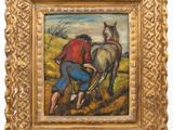 a painting of two men plowing a field with a horse