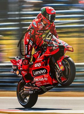 painting of a person on a motorcycle doing a wheelie on a track