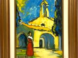 une peinture à l'huile représentant une femme en robe rouge debout devant une église