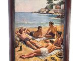 tableau représentant un groupe de personnes se prélassant sur une plage au bord d'un plan d'eau