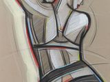 dessin représentant une femme assise sur une chaise, tenant une batte de baseball
