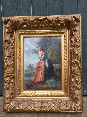 tableau représentant une femme et un homme dans un paysage, en compagnie d'un chien