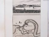 an old book with a drawing of a map and a picture of a town