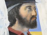 painting of a man with a beard wearing a black hat and a striped shirt
