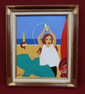 un tableau représentant une femme assise sur une plage avec une planche de surf