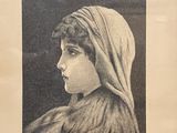 an old picture of a woman with a scarf on her head