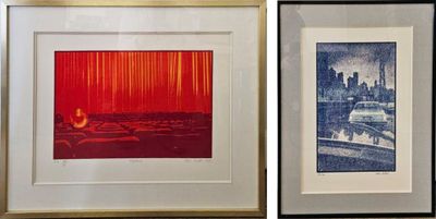 deux photos encadrées représentant un paysage urbain rouge et bleu