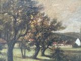 an image of a painting of a farm scene with a white house in the distance