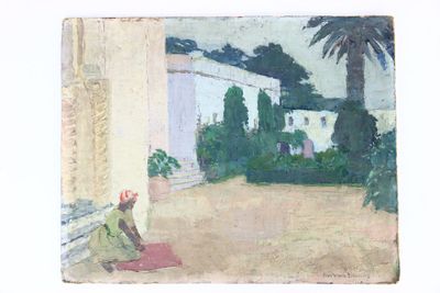 un tableau représentant une femme assise sur un banc
