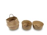 three baskets with handles and handles are sitting on a white surface