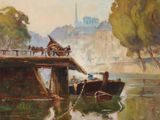 une peinture d'un bateau sur l'eau près d'un pont