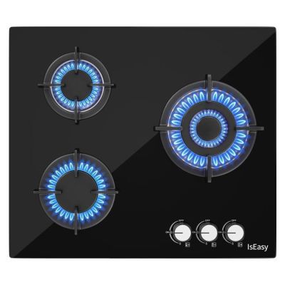 une plaque de cuisson en verre noir avec des flammes bleues et des boutons sur fond blanc